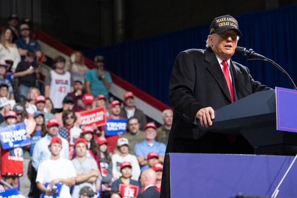 Former President Donald Trump gives remarks during a rally in Macon on Sunday, Nov. 3, 2024.