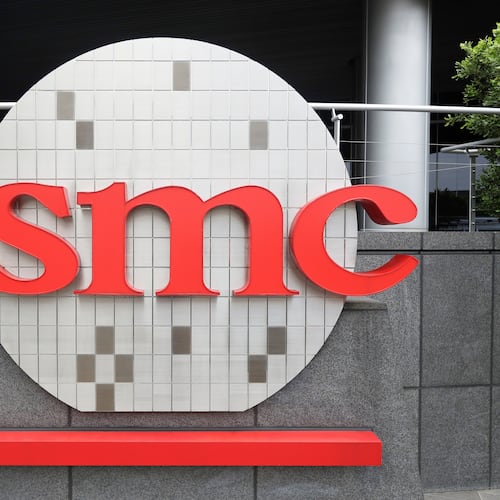 FILE - A Taiwan Semiconductor Manufacturing Co., Ltd. (TSMC) logo is seen at the headquarters in Hsinchu, Taiwan, Oct. 20, 2021. (AP Photo/Chiang Ying-ying, File)