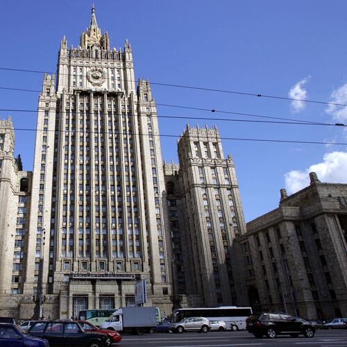 FILE -The main building of Russia's Foreign Ministry dominates the skyline in downtown Moscow, Aug. 16, 2006, with a Soviet Union state emblem on the facade. (AP Photo/Mikhail Metzel, File)