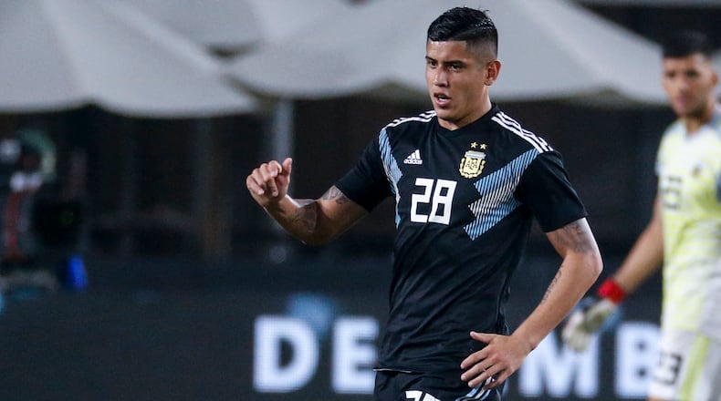 Argentina defender Alan Franco (28) in action during an international friendly soccer match in Los Angeles, Friday, Sept. 7, 2018. Argentina won 3-0. (Ringo H.W. Chiu/AP)
