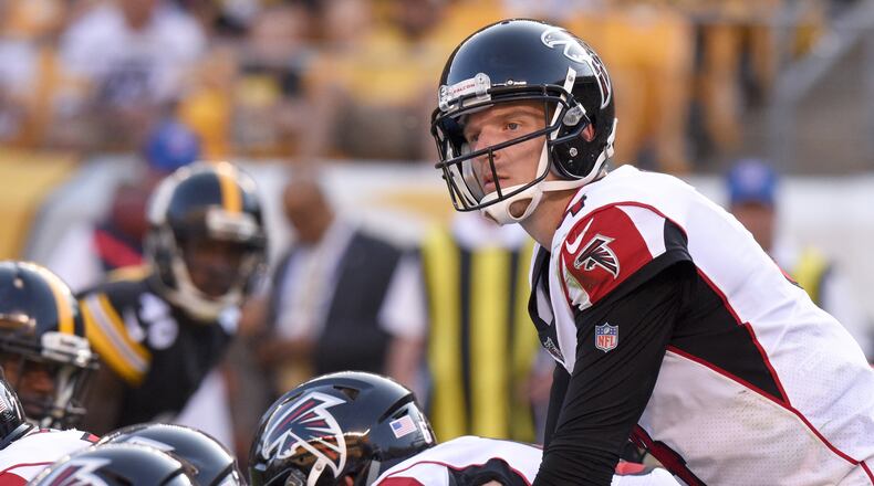 Atlanta Falcons quarterback Matt Simms (4) calls signals at the line in the first quarter of an NFL preseason football game against the Atlanta Falcons, Sunday, Aug. 20, 2017, in Pittsburgh. (AP Photo/Don Wright)