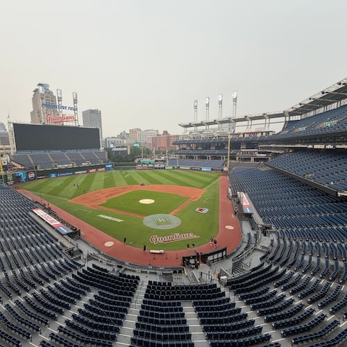 A view from the press box level at Progressive Field in Cleveland, Ohio, Friday, July 17, 2026, after the game between the Pittsburgh Pirates and Cleveland Guardians was postponed due to air quality concerns because of wildfire smoke from Canada and northern Minnesota. (AP Photo/Joe Reedy)