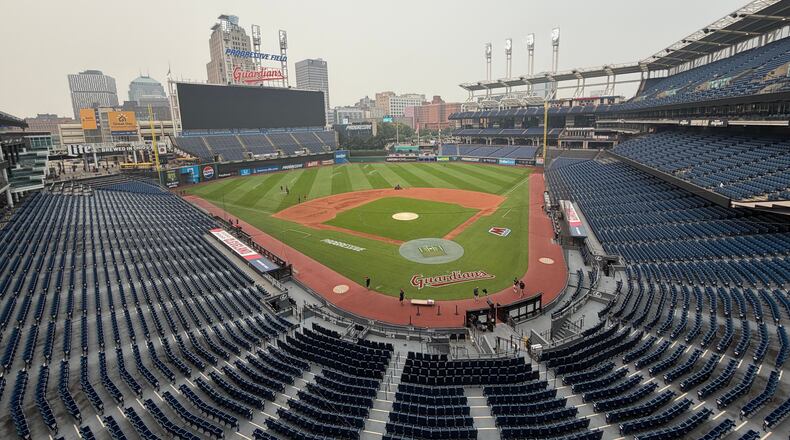 A view from the press box level at Progressive Field in Cleveland, Ohio, Friday, July 17, 2026, after the game between the Pittsburgh Pirates and Cleveland Guardians was postponed due to air quality concerns because of wildfire smoke from Canada and northern Minnesota. (AP Photo/Joe Reedy)