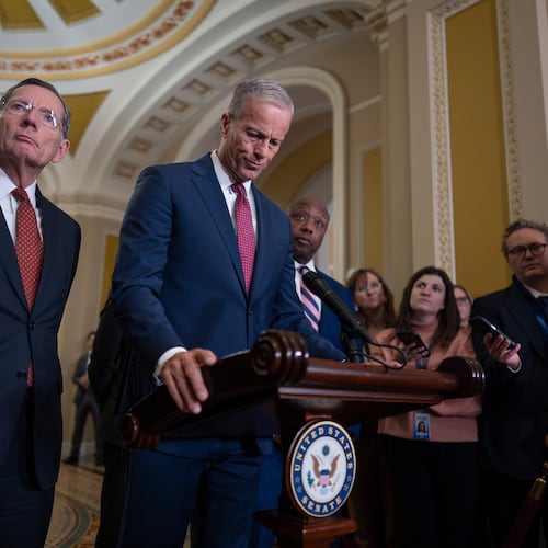 Senate Majority Leader John Thune, R-S.D., center, joined at left by Sen. John Barrasso, R-Wyo., the GOP whip, speaks to reporters at the Capitol in Washington, Tuesday, March 3, 2026. (AP Photo/J. Scott Applewhite)