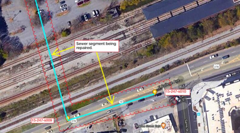 The stretch of East College Avenue in Decatur between New Street and Sams Street slated for sewer repairs over the next two weeks. Courtesy City of Decatur