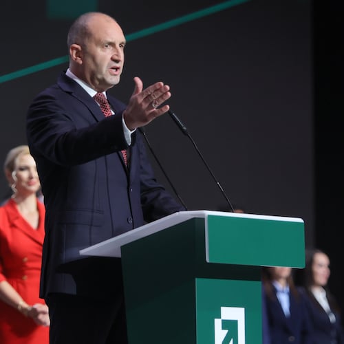 Former Bulgarian President Rumen Radev delivers a speech at the closing rally of his campaign, in Sofia, Thursday, April 16, 2026, as Bulgaria heads into an early parliamentary election. (AP Photo/Valentina Petrova)