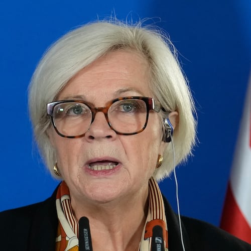 Catherine Vautrin, French Minister of Defense attends a press conference after the Five Defense Ministers meeting in Berlin, Germany, Friday, Nov. 14, 2025. (AP Photo/Ebrahim Noroozi)