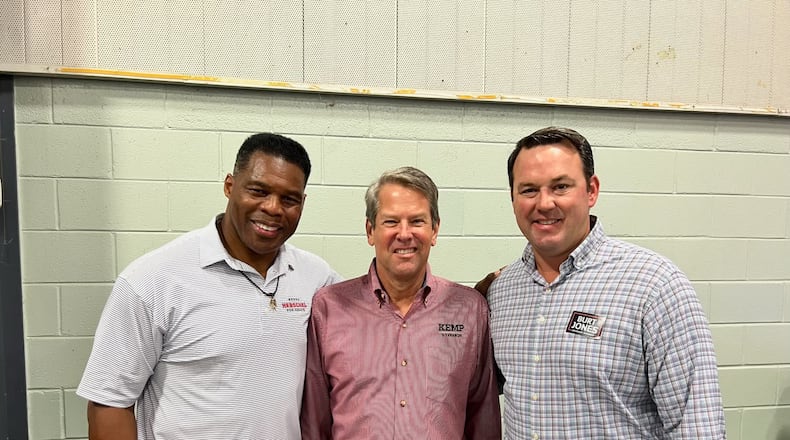 At the top of this year's GOP ticket are U.S. Senate hopeful Herschel Walker, from left, Gov. Brian Kemp and state Sen. Burt Jones, who is running for lieutenant governor. Like them, the other eight Republicans running for statewide office are men.