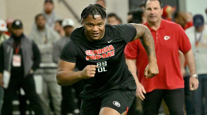 Jalen Carter participates in drill work during Georgia NFL Pro Day in the Payne Indoor Athletic Facility, Wednesday, March 15, 2023, in Athens, GA. (Hyosub Shin / Hyosub.Shin@ajc.com)