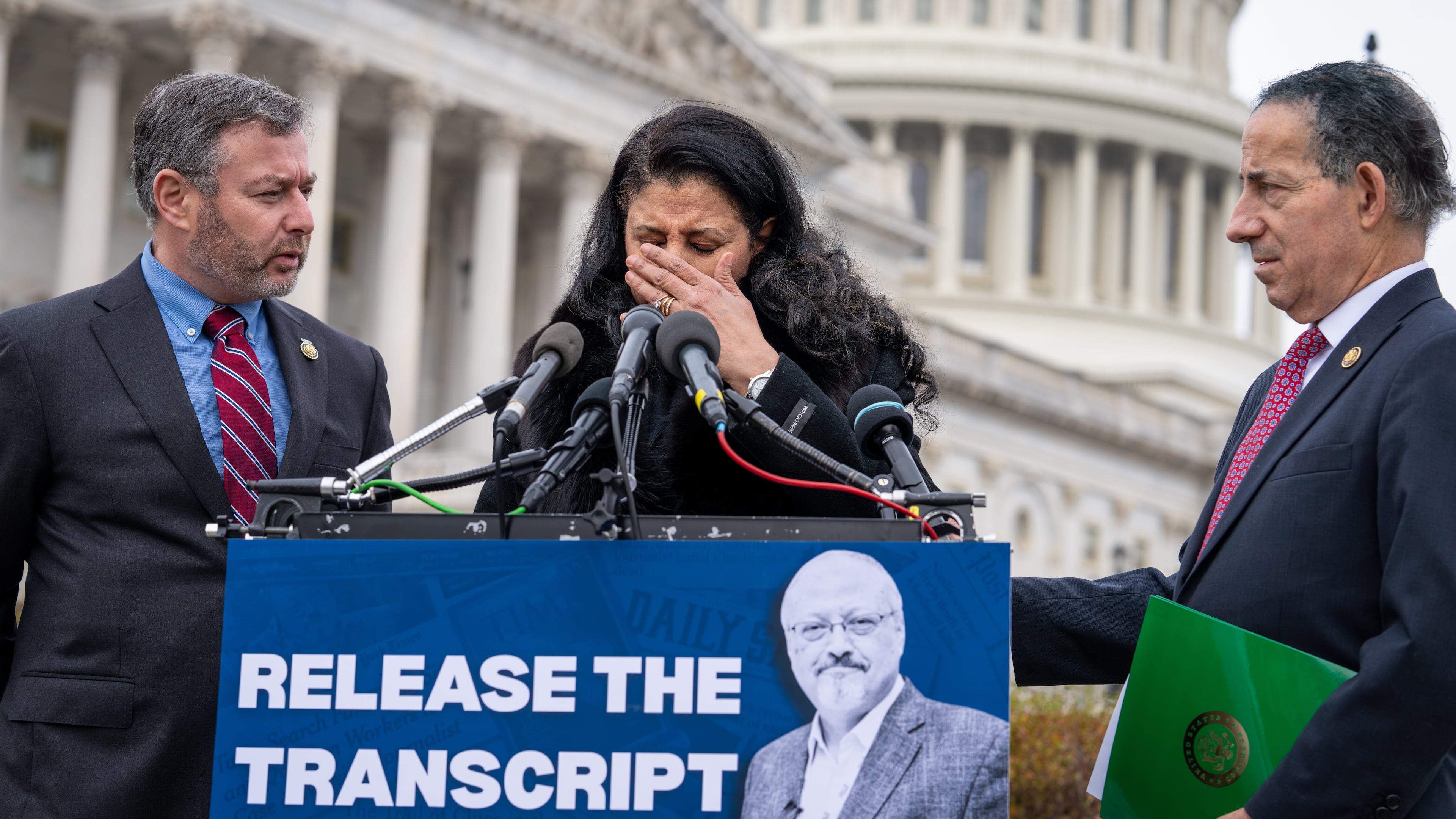 From left, Rep. Eugene Vindman, D-Va., Hanan El-Atr Khashoggi, the widow of slain journalist Jamal Khashoggi, and Rep. Jamie Raskin, D-Md., hold a news conference as they call on President Donald Trump to release the transcript of a call he had with Saudi Crown Prince Mohammed bin Salman after Khashoggi's killing, at the Capitol in Washington, Friday, Nov. 21, 2025. (AP Photo/J. Scott Applewhite)