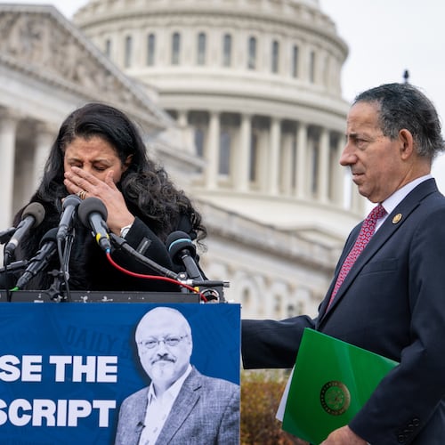 From left, Rep. Eugene Vindman, D-Va., Hanan El-Atr Khashoggi, the widow of slain journalist Jamal Khashoggi, and Rep. Jamie Raskin, D-Md., hold a news conference as they call on President Donald Trump to release the transcript of a call he had with Saudi Crown Prince Mohammed bin Salman after Khashoggi's killing, at the Capitol in Washington, Friday, Nov. 21, 2025. (AP Photo/J. Scott Applewhite)