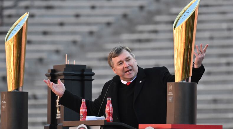 Georgia's head coach Kirby Smart speaks during the celebration of the Bulldogs going back-to-back to win the 2022 National Championship at Sanford Stadium, Saturday, Jan. 14, 2023, in Athens. The Bulldogs turned down an invitation to visit the White House in June. (Hyosub Shin/The Atlanta Journal-Constitution)