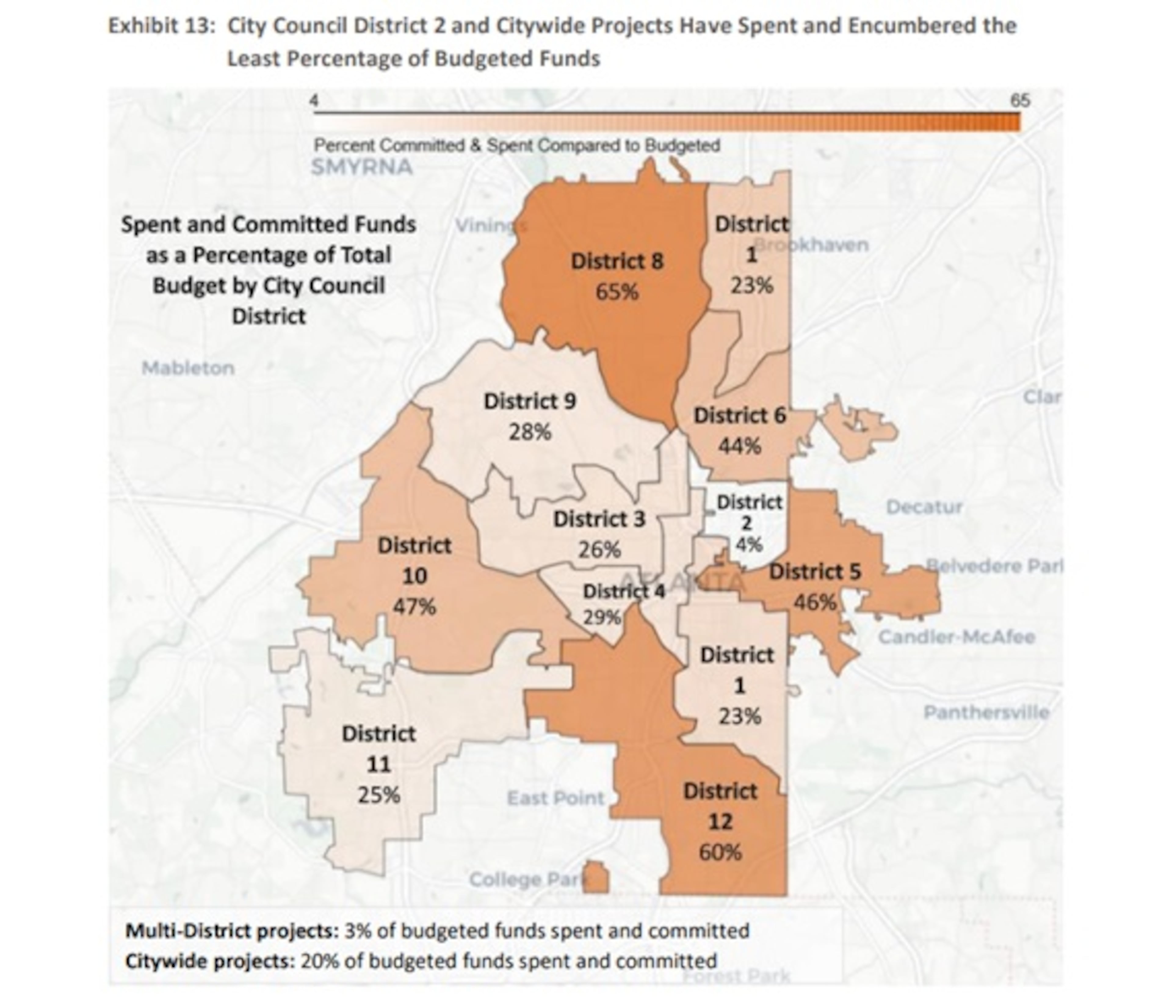 This map shows spending of Moving Atlanta Forward infrastructure bond programs fund by Atlanta City Council District. (Courtesy of the Atlanta City Auditor's Office)
