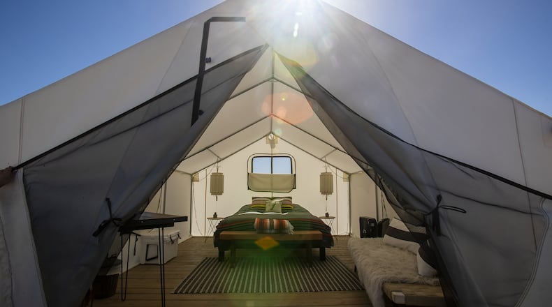 Lazy Sky Retreat has tepees that are spacious tents with electrical outlets, Western decor and doors facing the rising sun on May 15, 2018, in Joshua Tree, Calif. Lazy Sky is just one of Joshua Tree's estimated 800 unlicensed vacation rental businesses offering a menu of quirky alternatives to traditional motel lodging: neighborhood homes, vintage trailers, Sherpa huts, tepees, shipping containers, simply slabs of cement on which to pitch a tent or park a vehicle. (Gina Ferazzi/Los AngelesTimes/TNS)