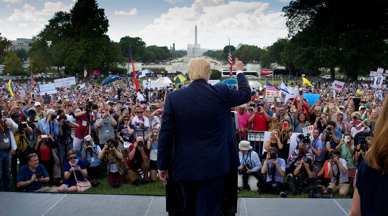 Republican presidential hopeful Donald Trump addresses the crowd during a protest against the Iran nuclear deal on Capitol Hill in Washington, Sept. 9, 2015. (Doug Mills/The New York Times)
