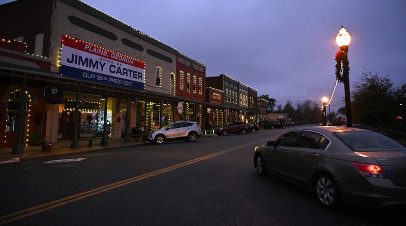 Downtown Plains during sunset on Nov. 26, 2023. Jimmy Carter’s hometown largely dodged Hurricane Helene. (Hyosub Shin/AJC)