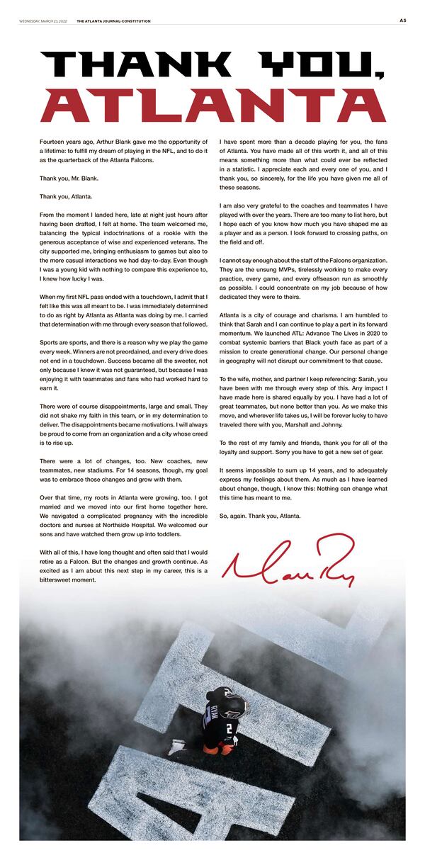 Former Falcons quarterback Matt Ryan issued a farewell to Atlanta in a full-page ad in The Atlanta Journal-Constitution.