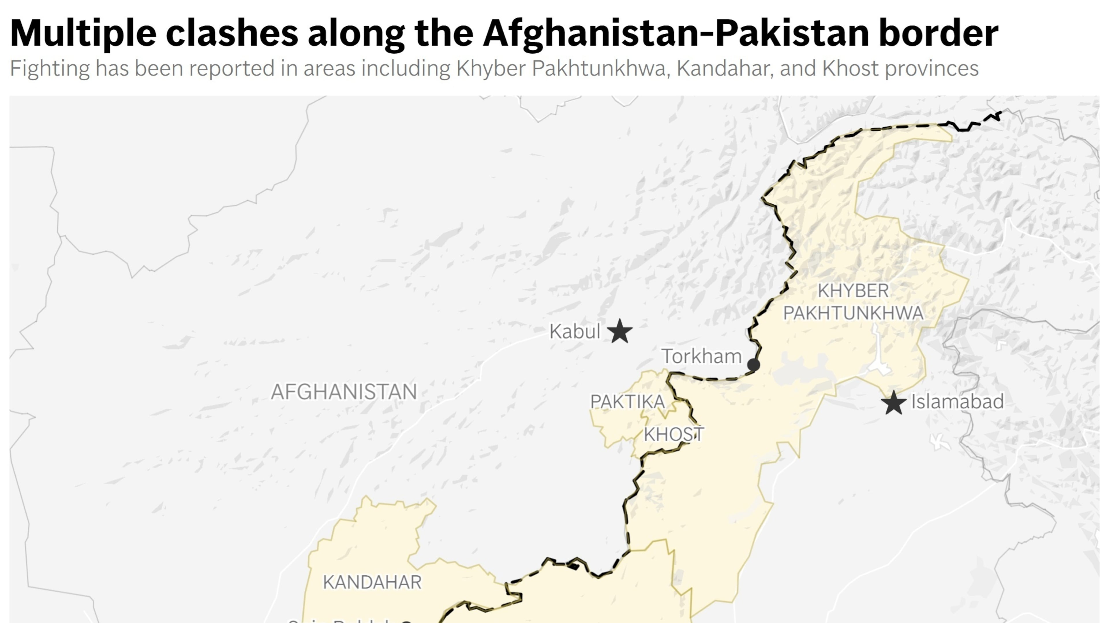 This map shows several provinces and cities along the Afghanistan-Pakistan border that have been impacted by recent clashes between the two countries. (AP Digital Embed)