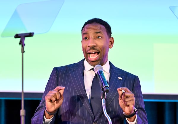 Atlanta Major Andre Dickens speaks at the Georgia Aquarium on Wednesday, March 11, 2026, in Atlanta. The mayor's efforts to revitalize historically underserved neighborhoods include plans to help build a hospital in southwest Atlanta. (Hyosub Shin/AJC)
