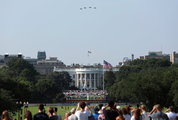Military aircraft conduct a flyover during a Fourth of July celebration at the White House, Friday, July 4, 2025, in Washington. (AP Photo/Rahmat Gul)