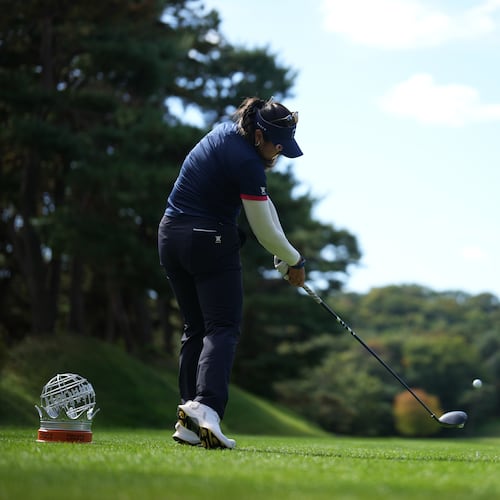Lilia Vu of the United States tees off on the eighth hole during the pool A match against Thailand team for the LPGA International Crown golf tournament at the New Korea Country Club in Goyang, South Korea, Friday, Oct. 24, 2025. (AP Photo/Lee Jin-man)