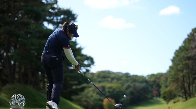 Lilia Vu of the United States tees off on the eighth hole during the pool A match against Thailand team for the LPGA International Crown golf tournament at the New Korea Country Club in Goyang, South Korea, Friday, Oct. 24, 2025. (AP Photo/Lee Jin-man)