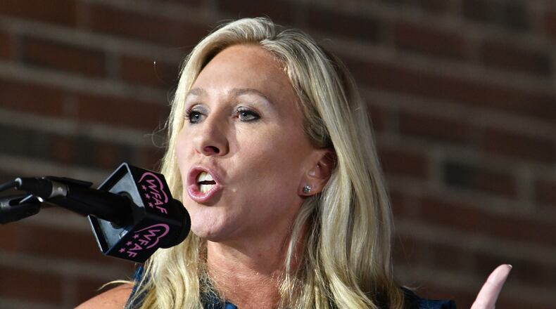July 13, 2021 Rome - U.S. Rep. Marjorie Taylor Greene speaks during an Election Integrity Townhall meeting in Rome. (Hyosub Shin / Hyosub.Shin@ajc.com)