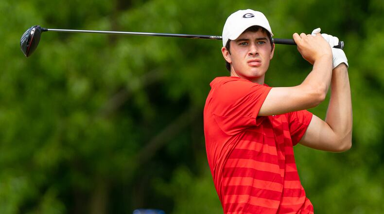 Georgia's Davis Thompson tees off on his way to a 75 Sunday at the NCAA championship. (Photo by Walt Beazley/University of Arkansas)