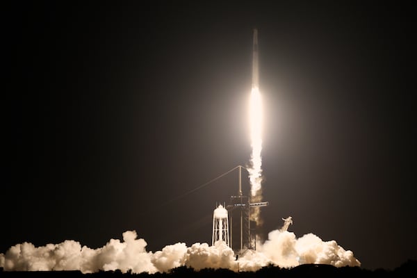 A SpaceX Falcon 9 rocket with a crew of four aboard a Dragon Spacecraft lifts off from pad 39A at the Kennedy Space Center in Cape Canaveral, Fla., Wednesday, June 25, 2025. (AP Photo/Terry Renna)