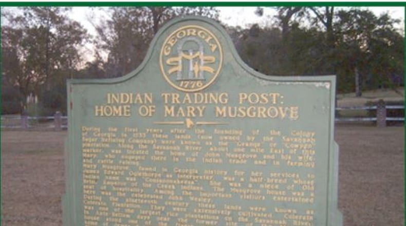 Historic marker honoring Mary Musgrove, a Creek liaison and trader around Savannah. Photo credit to Carl Vinson Institute of Government