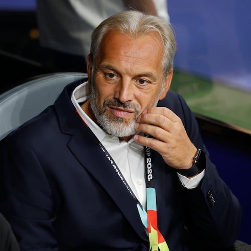 Congo head coach Sebastien Desabre sits on the bench prior to during the World Cup round of 32 soccer match between England and Congo in Atlanta, Wednesday, July 1, 2026. (AP Photo/Erik S. Lesser)