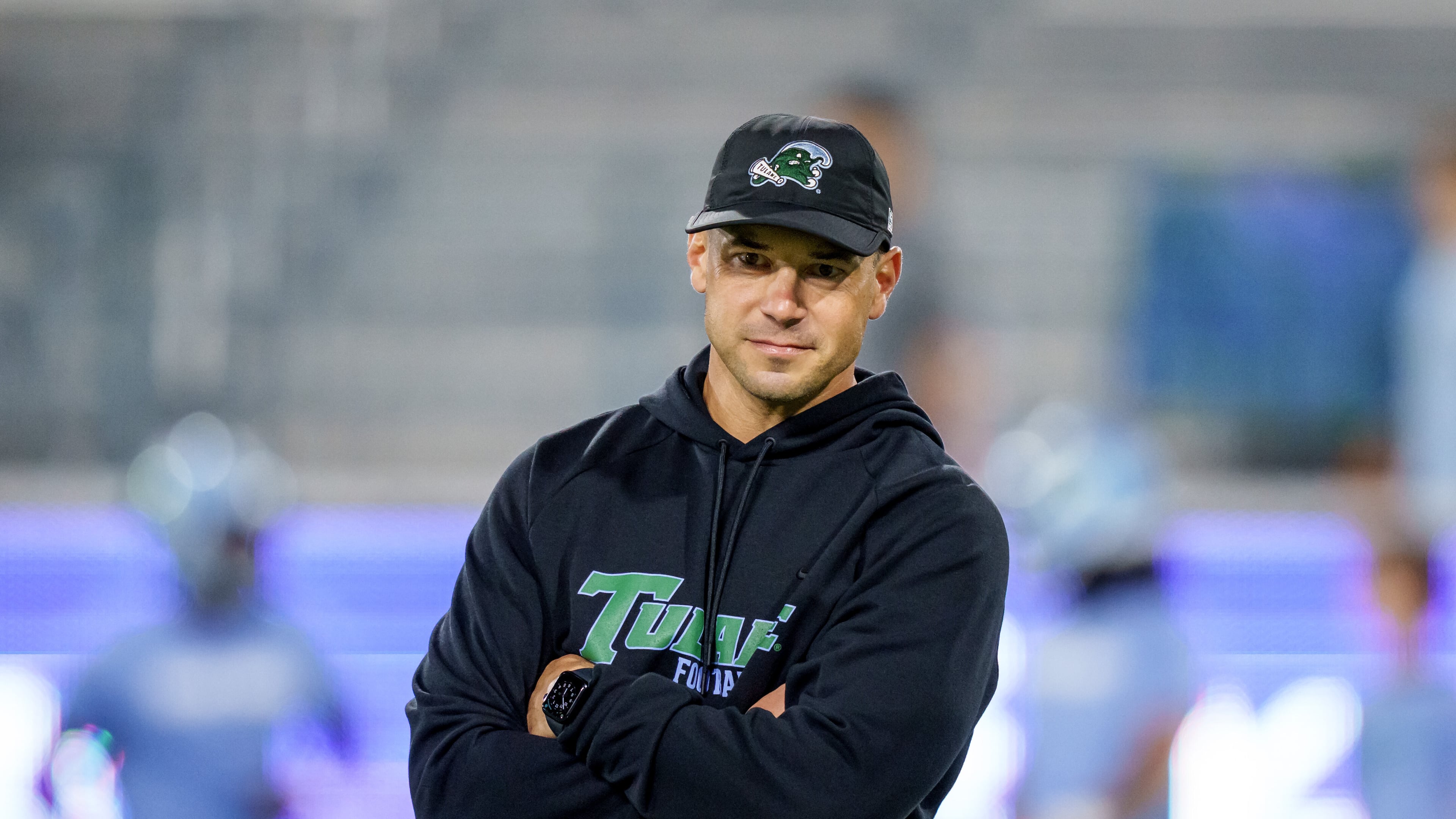 Tulane head coach Jon Sumrall watches his players before an NCAA college football game against Charlotte in New Orleans, Saturday, Nov. 29, 2025. (AP Photo/Matthew Hinton)