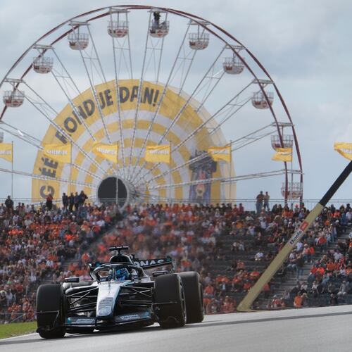 Mercedes driver George Russell of Britain in action during the sprint qualifying at the Formula One Dutch Grand Prix in Zandvoort , Netherlands, Friday, Aug. 21, 2026. (AP Photo/Patrick Post)