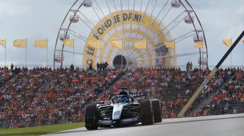 Mercedes driver George Russell of Britain in action during the sprint qualifying at the Formula One Dutch Grand Prix in Zandvoort , Netherlands, Friday, Aug. 21, 2026. (AP Photo/Patrick Post)