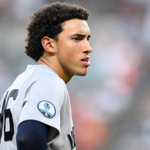 New York Yankees' George Lombard Jr. looks on during the second inning of a baseball game against the Baltimore Orioles, Thursday, Aug. 20, 2026, in Baltimore. (AP Photo/Nick Wass)