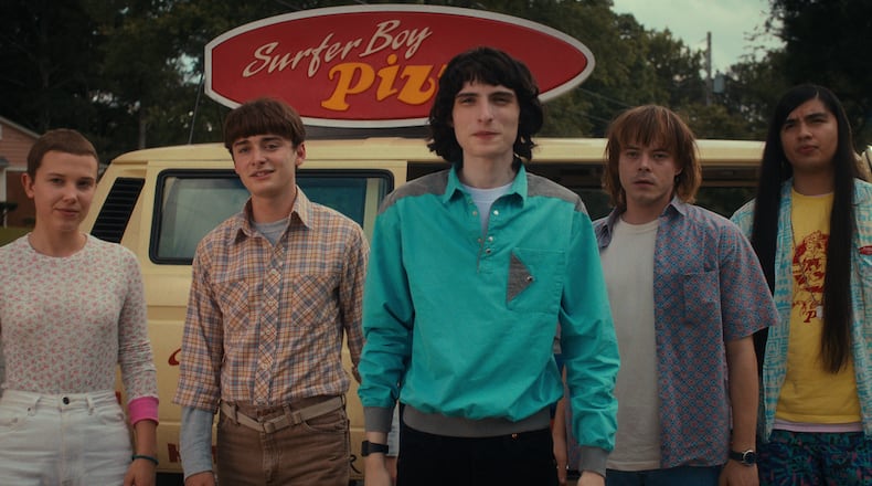 STRANGER THINGS. (L to R) Millie Bobby Brown as Eleven, Noah Schnapp as Will Byers, Finn Wolfhard as Mike Wheeler, Charlie Heaton as Jonathan Byers, and Eduardo Franco as Argyle in STRANGER THINGS. Cr. Courtesy of Netflix © 2022