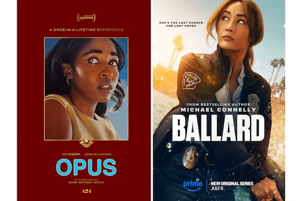 This combination of images shows promotional art for the film "Opus," left, and the new original series "Ballard." (A24/Amazon Prime via AP)