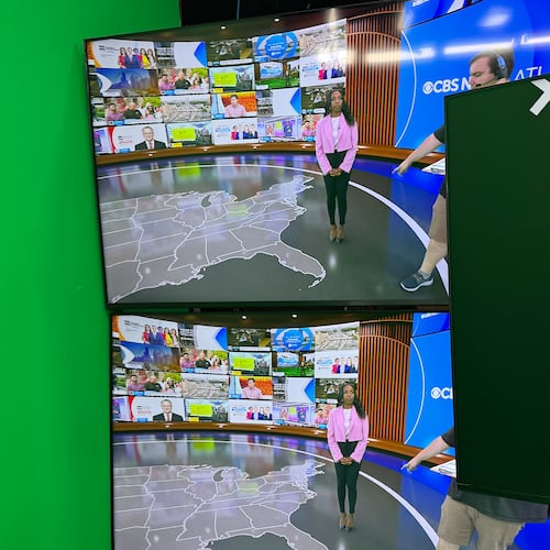 CBS Atlanta news anchor Jobina Fortson-Evans and director Sam Snook during a newscast rehearsal in Atlanta on Friday, Sept., 5, 2025. (Courtesy of Alex Sanz/CBS News Atlanta)