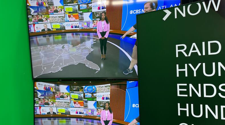 CBS Atlanta news anchor Jobina Fortson-Evans and director Sam Snook during a newscast rehearsal in Atlanta on Friday, Sept., 5, 2025. (Courtesy of Alex Sanz/CBS News Atlanta)