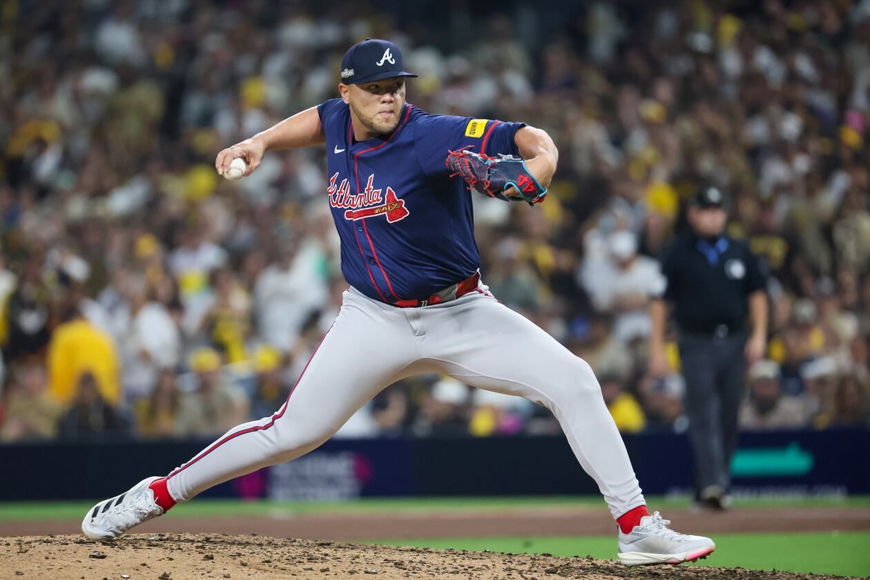 Atlanta Braves pitcher Joe Jiménez delivers to the San Diego Padres during the eighth inning of National League Division Series Wild Card Game Two at Petco Park in San Diego on Wednesday, Oct. 2, 2024. (Jason Getz/AJC)