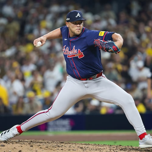 Atlanta Braves pitcher Joe Jiménez delivers to the San Diego Padres during the eighth inning of National League Division Series Wild Card Game Two at Petco Park in San Diego on Wednesday, Oct. 2, 2024. (Jason Getz/AJC)
