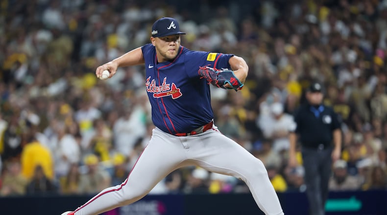 Atlanta Braves pitcher Joe Jiménez delivers to the San Diego Padres during the eighth inning of National League Division Series Wild Card Game Two at Petco Park in San Diego on Wednesday, Oct. 2, 2024. (Jason Getz/AJC)
