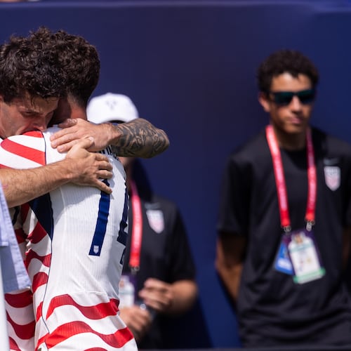 United States forward Christian Pulisic, center left, celebrates with midfielder Sebastian Berhalter (14) after scoring in the first half against Senegal in an international friendly soccer match Sunday, May 31, 2026, in Charlotte, N.C. (AP Photo/Scott Kinser)