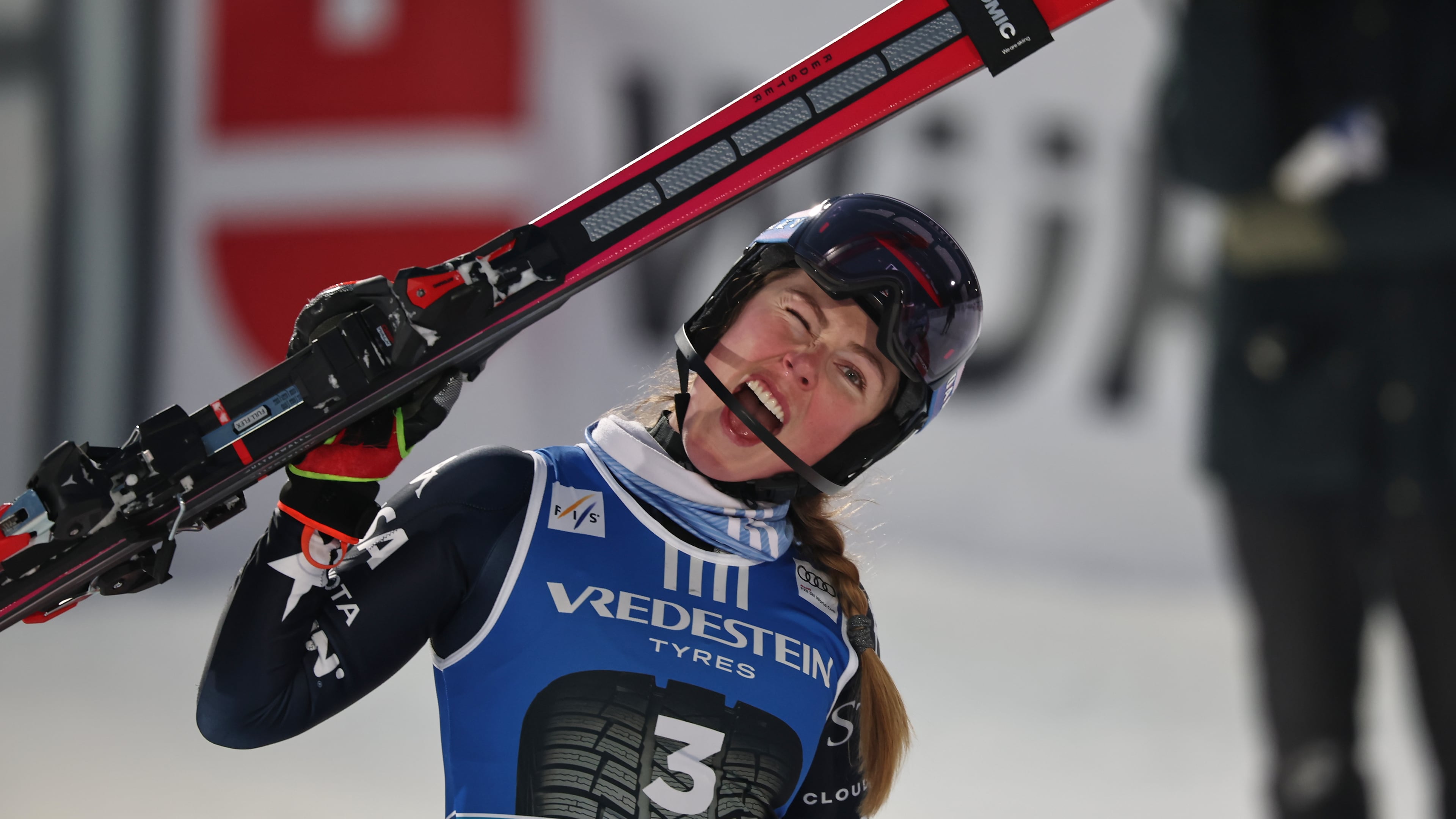 United States' Mikaela Shiffrin celebrates after winning an alpine ski, women's World Cup slalom, in Levi, Finland, Saturday, Nov. 15, 2025. (AP Photo/Marco Trovati)