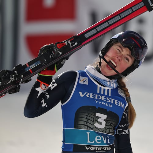 United States' Mikaela Shiffrin celebrates after winning an alpine ski, women's World Cup slalom, in Levi, Finland, Saturday, Nov. 15, 2025. (AP Photo/Marco Trovati)