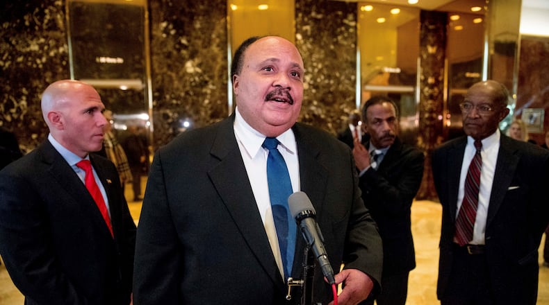 Martin Luther King III, son of Martin Luther King Jr. speaks to members of the media following a meeting with President-elect Donald Trump at Trump Tower in New York, Monday, Jan. 16, 2017. (AP Photo/Andrew Harnik)