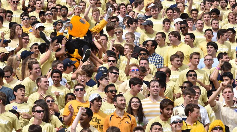 Georgia Tech Buzz and fans cheer before their game against the Tulane Green Wave at Bobby Dodd Stadium on Saturday, Sept. 12, 2015.