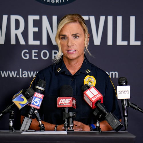 Lawrenceville police spokesperson Capt. Dena Pauly speaks to reporters Thursday, July 30, 2026, about the death of a 1-year-old boy who police said was left in a hot car the day before. (Ben Hendren for the AJC)