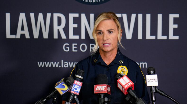 Lawrenceville police spokesperson Capt. Dena Pauly speaks to reporters Thursday, July 30, 2026, about the death of a 1-year-old boy who police said was left in a hot car the day before. (Ben Hendren for the AJC)