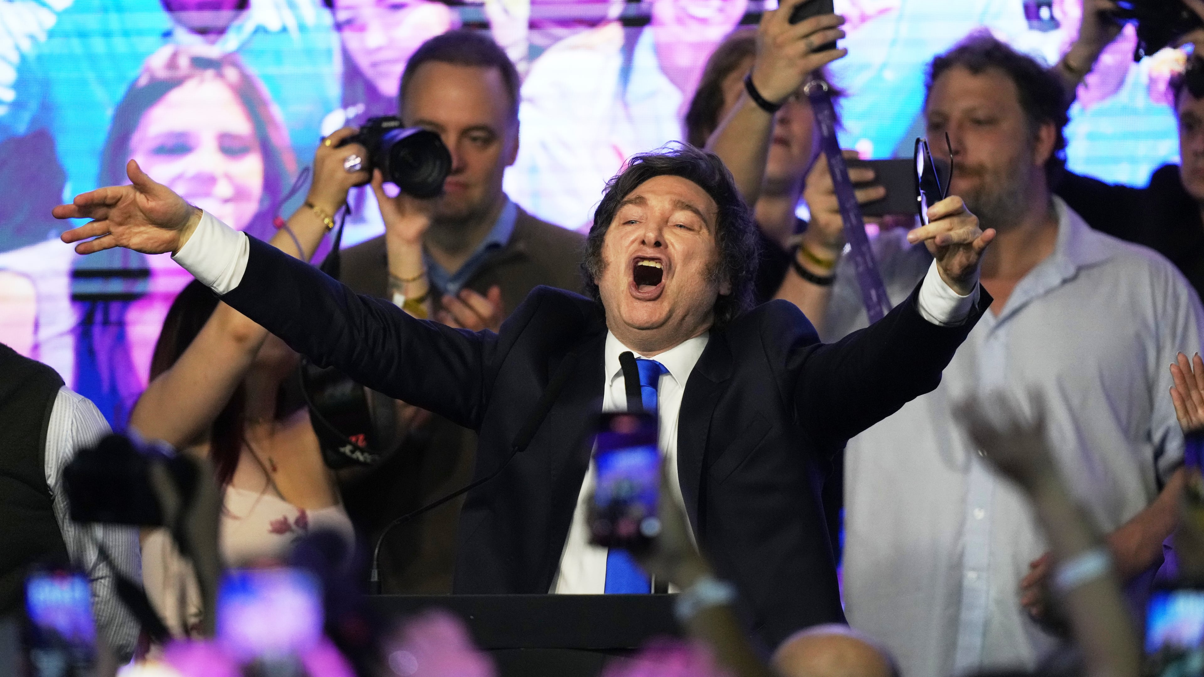 Argentina's President Javier Milei celebrates after winning in legislative midterm elections in Buenos Aires,  Argentina, Sunday, Oct. 26, 2025. (AP Photo/Rodrigo Abd)
